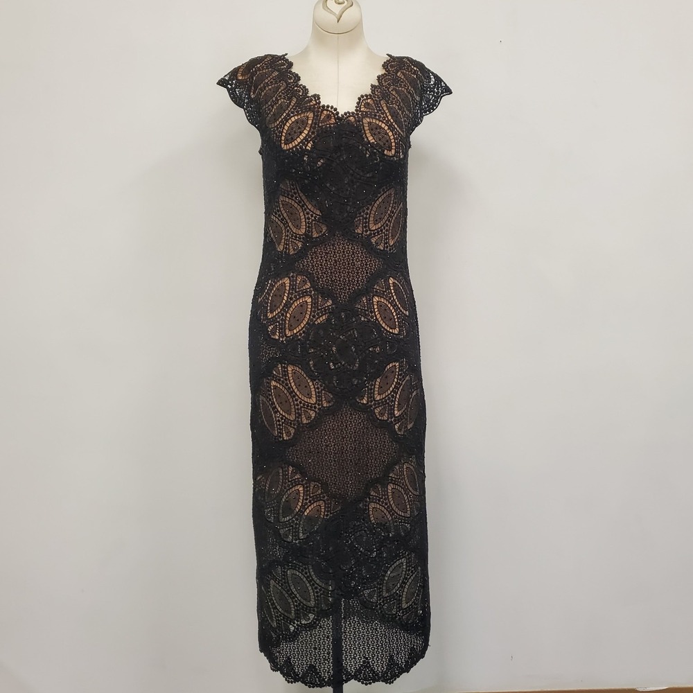 Jovani‎ Womens Black Beaded Lace Overlay Nude Midi Dress Size 4 Elegant Event